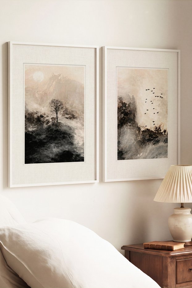 2 VINTAGE PAINTINGS WITH WHITE WOODEN FRAMES, FEATURING MONOCHROME HORIZON AND BIRD THEMES