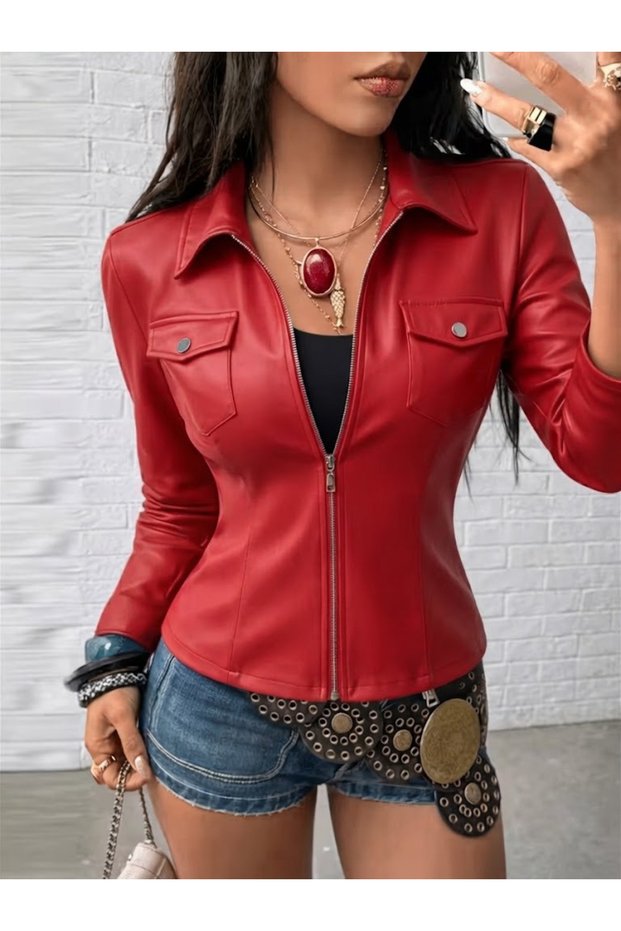 Women's long sleeve short leather jacket with front zipper and pockets