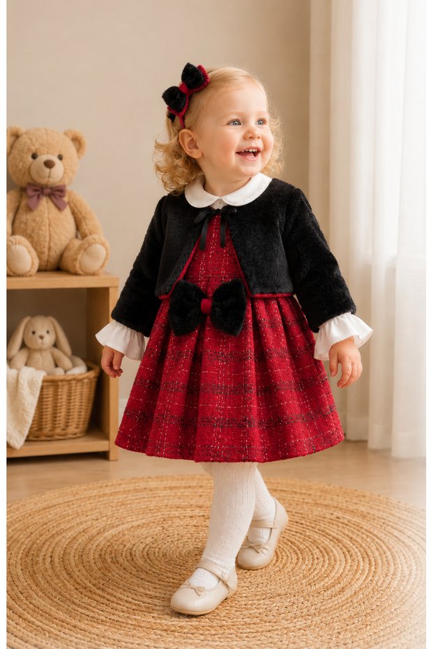 Girl's Cotton Tweed Shirt Dress and Plush Jacket 3-Piece Set with a Free Crown