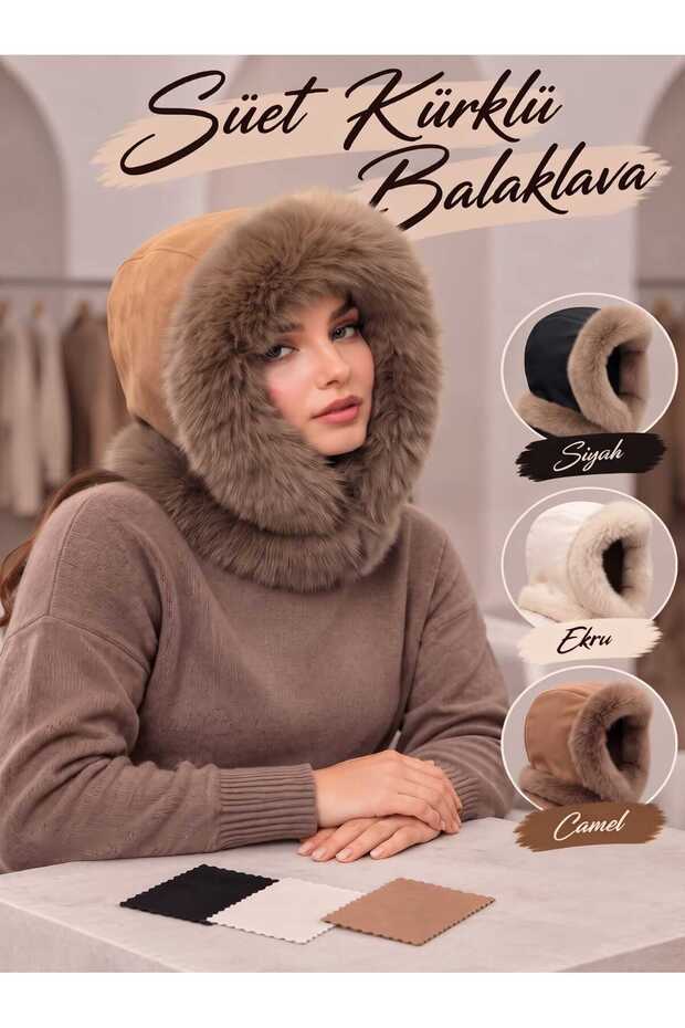 Women's Suede-Fur-Trimmed Balaclava Hat with Hooded Neck Warmer and Winter Snow Mask