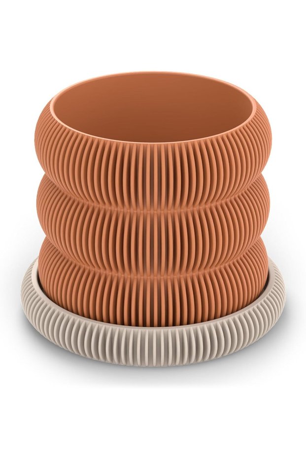 Fin Plant Pot with Drip Tray, Cacti and Small Indoor Plants, Modern Desk Pot, Orange Greige
