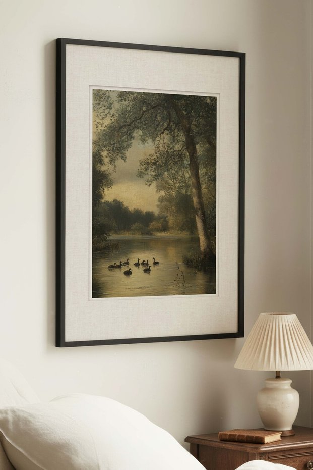 1 VINTAGE PAINTING WITH A "CITY ON THE LAKE" THEME IN A BLACK WOODEN FRAME