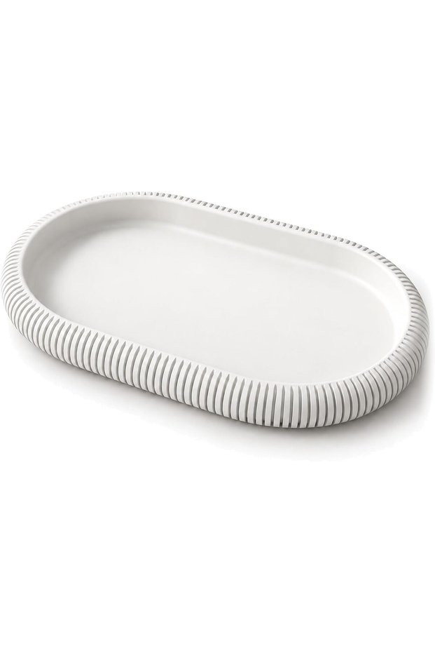 Ribbed Oval Decorative Tray 19.7 x 12.3 cm, Minimalist Catch All Tray for Keys, White