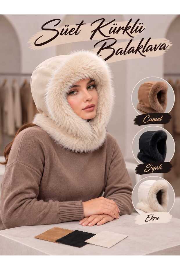 Women's Suede-Fur-Trimmed Balaclava Hat with Hooded Neck Warmer and Winter Snow Mask