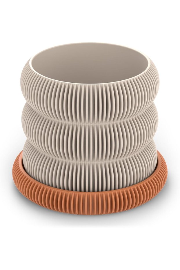 Fin Plant Pot with Drip Tray, Cacti and Small Indoor Plants, Modern Desk Pot, Greige Orange