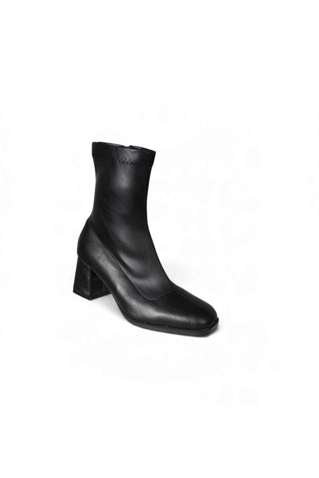 Women's Black and Brown Leather Boots with a Square Toe, 6 cm thick sole, and stretch heel