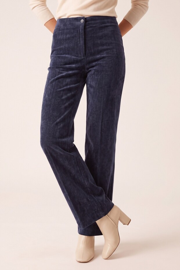 Velvet-Textured Pants with Elastic Waistband, Navy Blue
