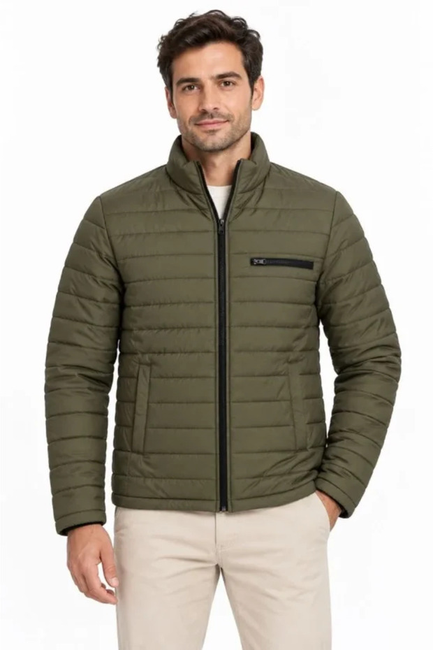 Men's stand collar water repellent puffer quilted three-pocket jacket - khaki