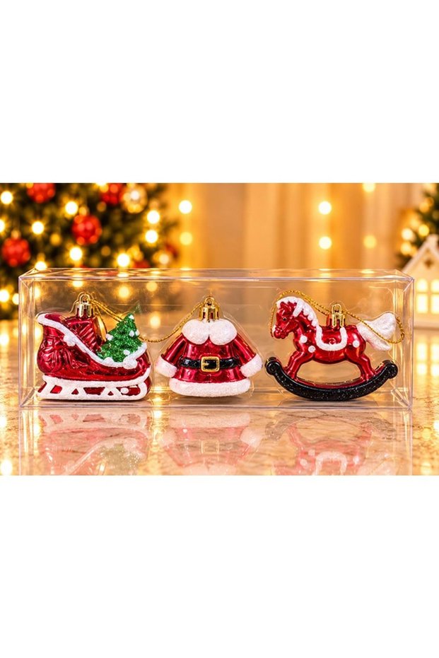 Set of 3 Christmas Tree Ornaments Featuring Santa Claus, a Sleigh, and a Rocking Horse