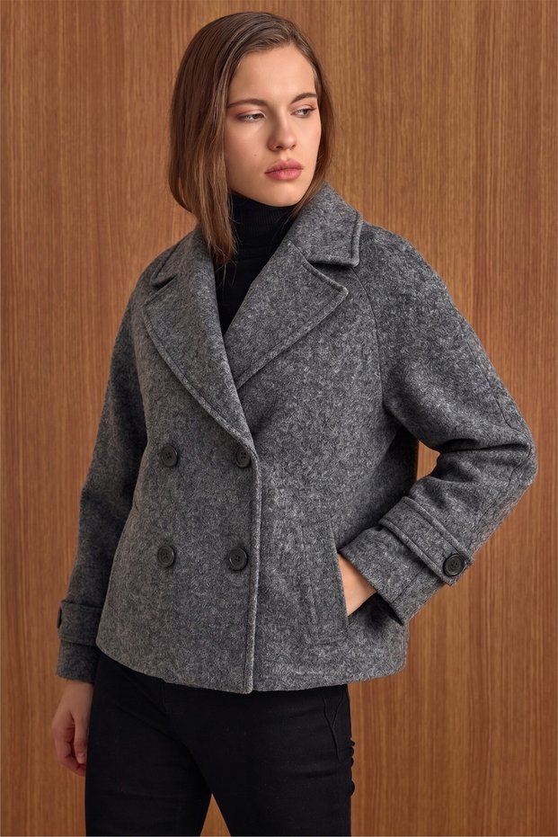 Oversized Short Coat with Jacket Collar, DARK GRAY 3204