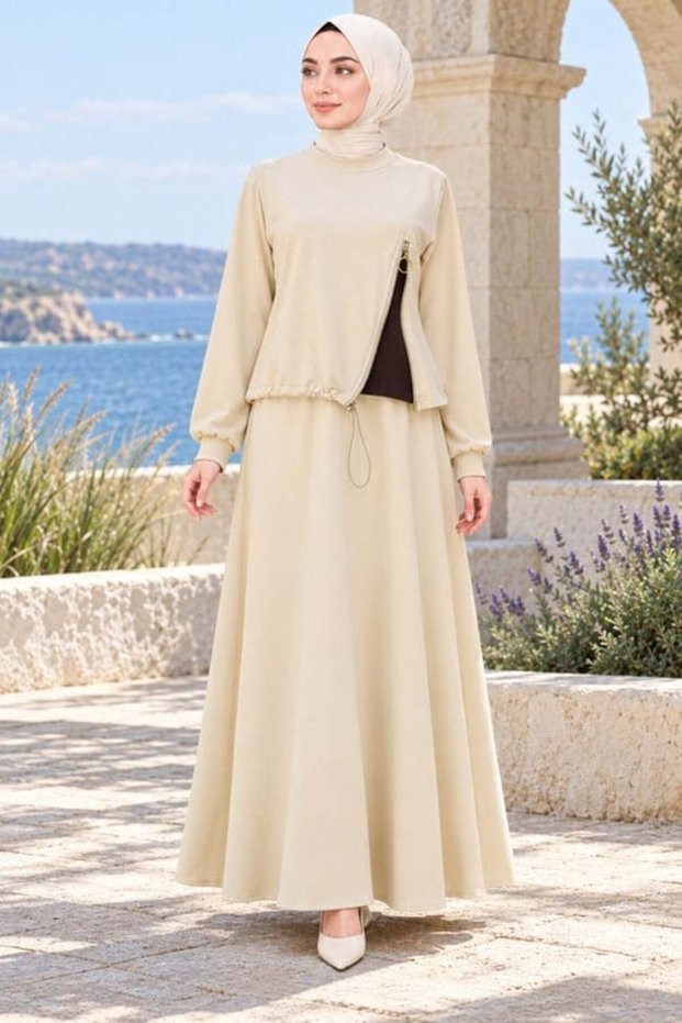 TWO-STRAND SET WITH ZIP DETAIL—BEIGE