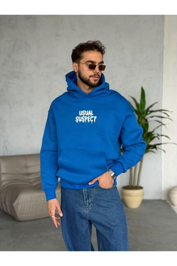 Printed 3-Thread Brushed Inside Sweatshirt, Y Blue