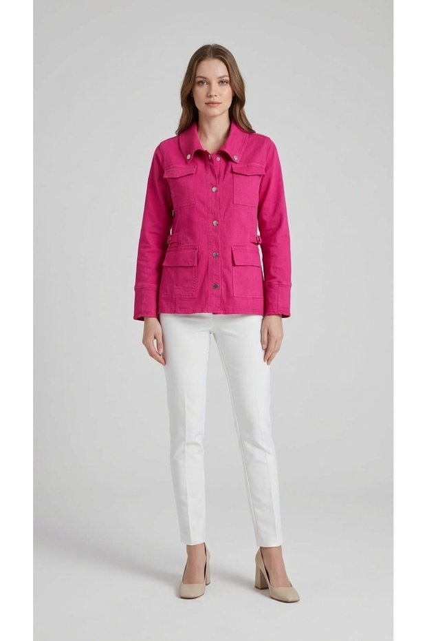 Women's Safari Jacket with Pocket Detail and Snap-Fastened Closures, Long-Sleeved, Collared, and with Collar Detail and Sleeve Details