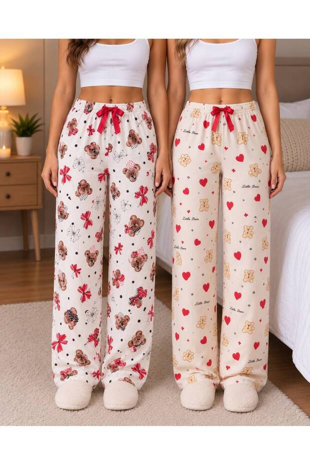 Women's Pajama Bottoms with a Pair of Cotton Satin Ribbons and New Year's and Teddy Bear Print Patterns