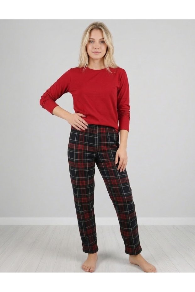 Suede pajama bottoms with plaid-patterned pockets