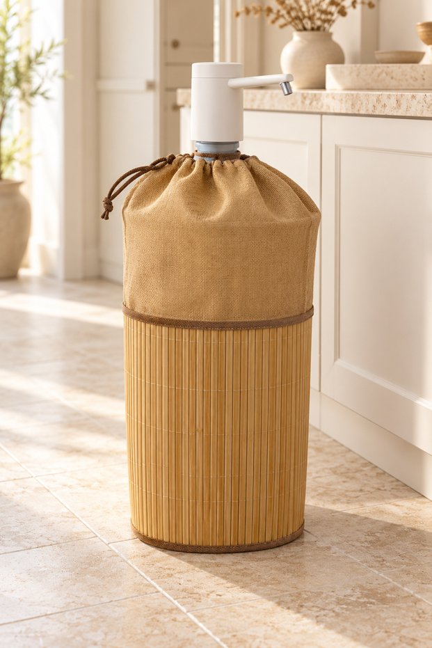 Bamboo Woven Water Jug Cover with Ruched Fabric Top—Decorative Water Jug Cover