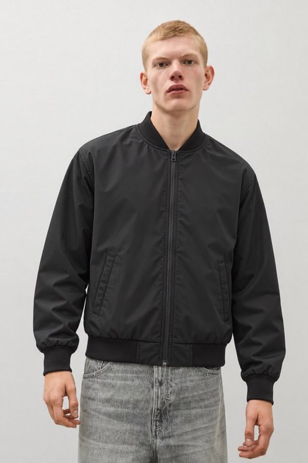 Men's Zipper-Front Transitional Ribbed Black Bomber Jacket