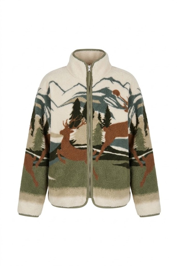 Green/Brown - Mountain Print Zipper-Front Plush Jacket Green/Brown