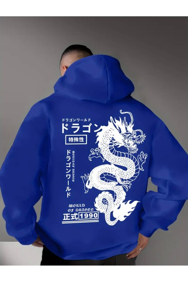 Hooded Japanese Style Dragon Back Printed 100% Cotton 3 Thread Pocketless Large Size Men's Sweatshirt