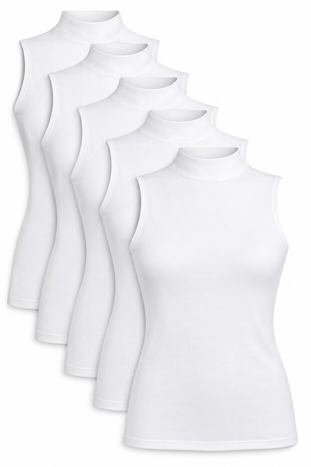 Women's 5-Pack White Lycra Turtleneck Sleeveless Tank Tops, Cotton, Zero-Sleeve Tank Tops.