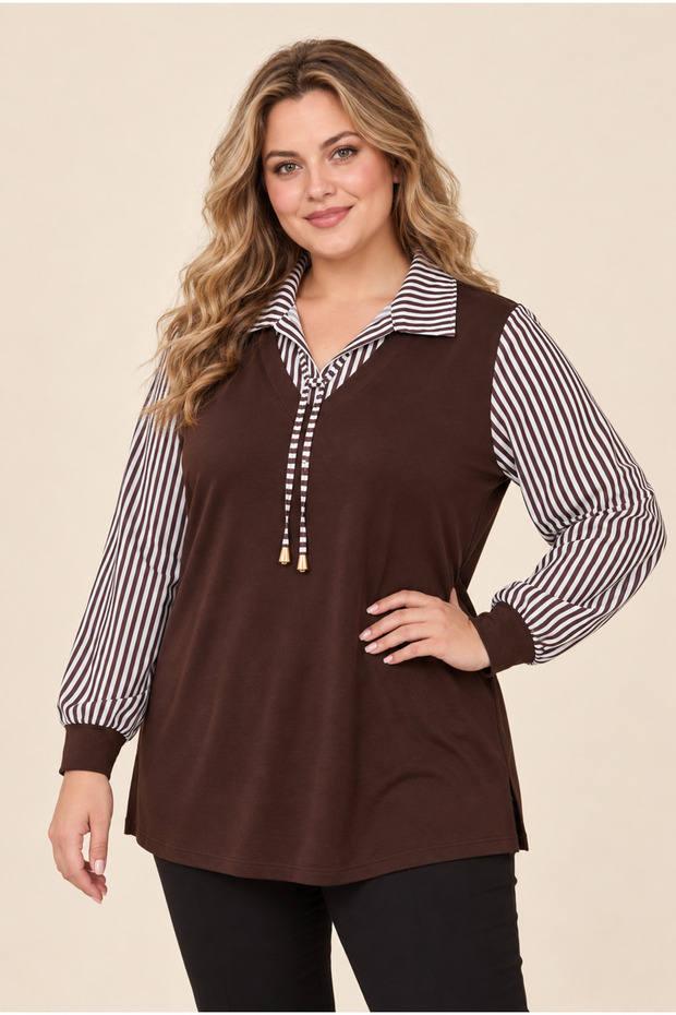 Elegant Women's Polo Collar Blouse with Tie Detail, Classic Style, Plus Size