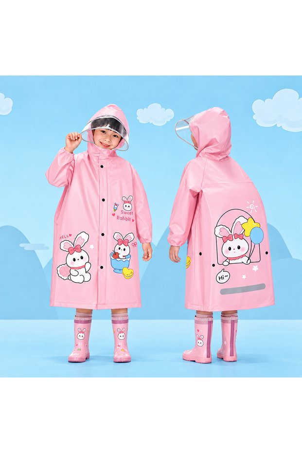 Cute "Kawaii" Rabbit and Star Balloon Patterned Pink Raincoat for Girls and Boys with Hood, Transparent Visor, and Reflective Strips—Matches Backpack