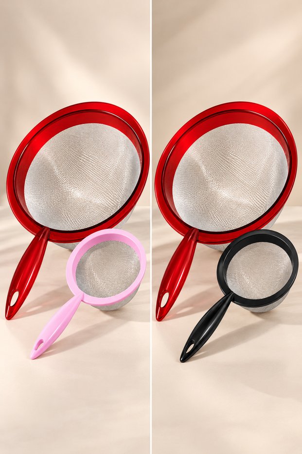 Scarlet 2-Piece Fine-Mesh Kitchen Strainer Set – Large Red + Small Pink/Black – 20 Cm, 11.5 Cm.