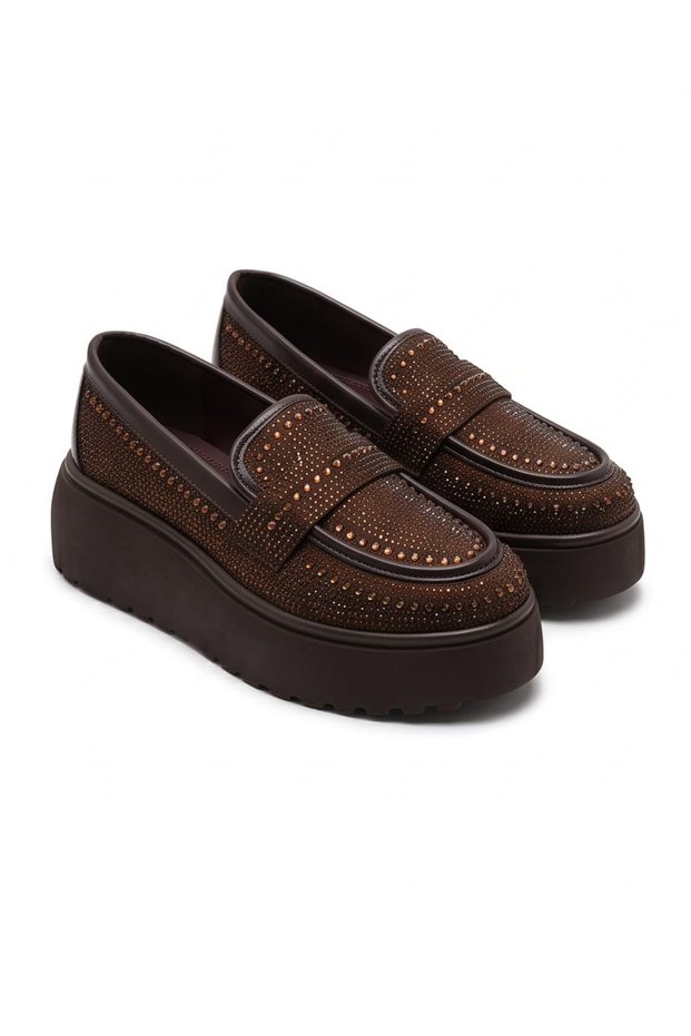 Women's Coffee-Colored Loafers embellished with stones, with a thick sole and a lightweight, slightly elevated platform