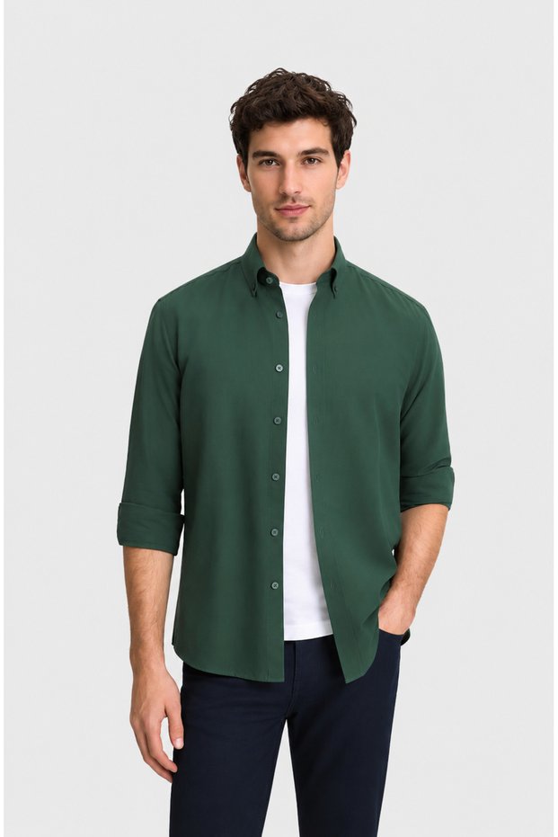 Men's Dark Green Long-Sleeve Basic Shirt