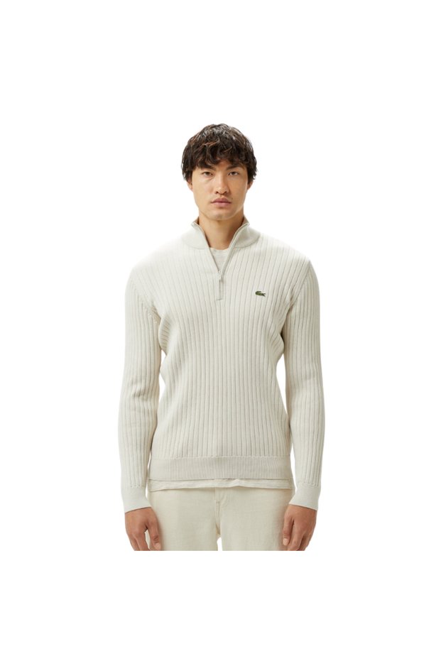 Men's Relaxed Fit Half-Zip Striped Cream Knitwear Ah2514.Buq