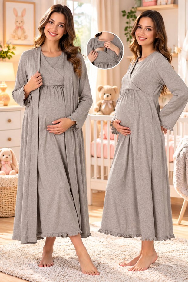 Maternity Nightgown Set with Long Sleeves and a Built-In Nursing Feature, Effortt.