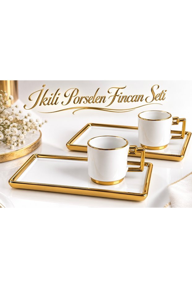 2-Person Porcelain Turkish Coffee Cup Set, 4 Pieces, with Gold-Plated Rectangular Saucer, Luxurious Coffee Presentation Set.