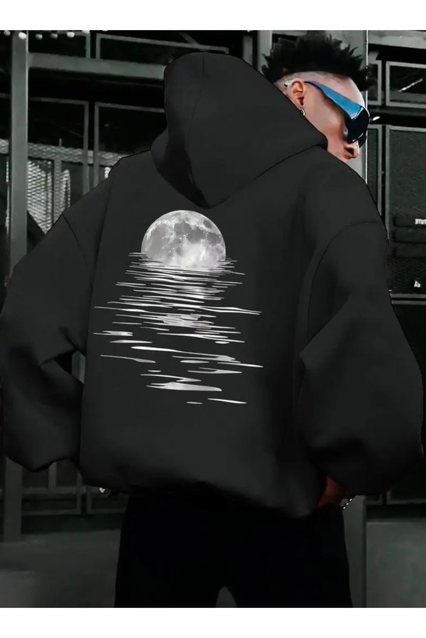 Oversized, Unprinted, 100% Cotton, 3-Thread, Back-Printed, Men's Sweatshirt with a Large Hood and a Moon Reflection Design.