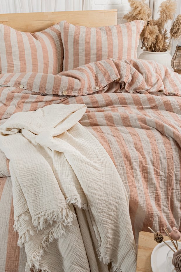 Taos Double Striped Bedding Set | Buttoned Bohemian Set | Bedding Set, Sheet, and 2 Pillowcases | 100% Cotton | 200X220 cm