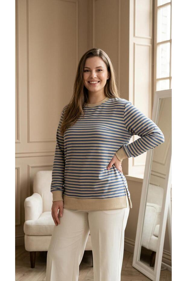 Women's Plus Size Blue and Beige Striped Long-Sleeve Basic Cotton Long Sweatshirt.