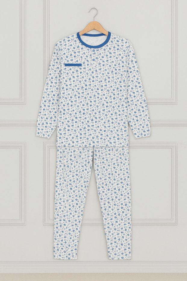 Women Mother Long Sleeve Blue Floral Pattern Cotton Combed Pajamas Set