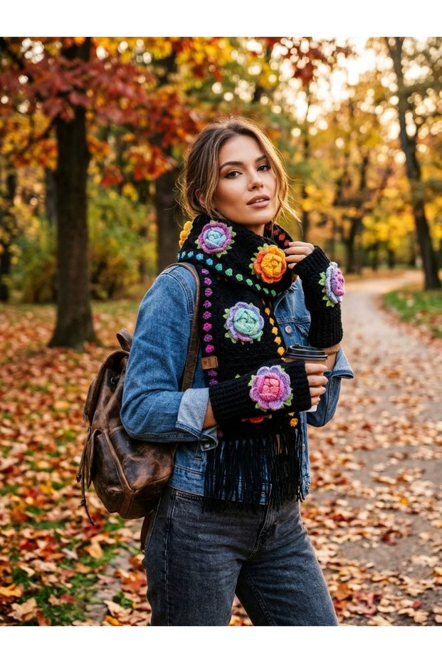 Knitted Black Scarf & Glove Set with a Colorful Rose Motif.