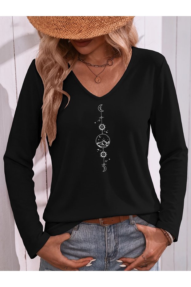 Mix Printed V-Neck Cotton Lycra Long Sleeve Regular Fit Blouse T-Shirt