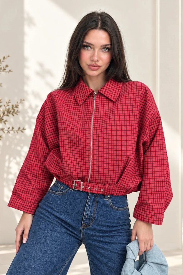Women's Bomber Jacket Oversize Short Belted Long Sleeve Zipper Shirt Collar Drop Shoulder Checkered Jacket Mo
