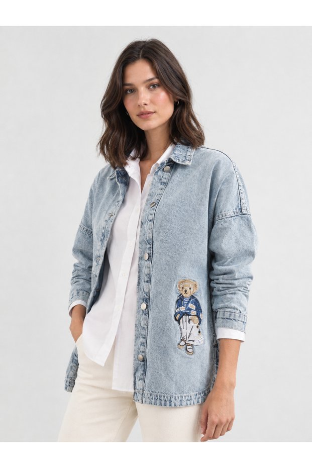 Women's Light Blue Oversized Denim Shirt Jacket with Bear Embroidery.