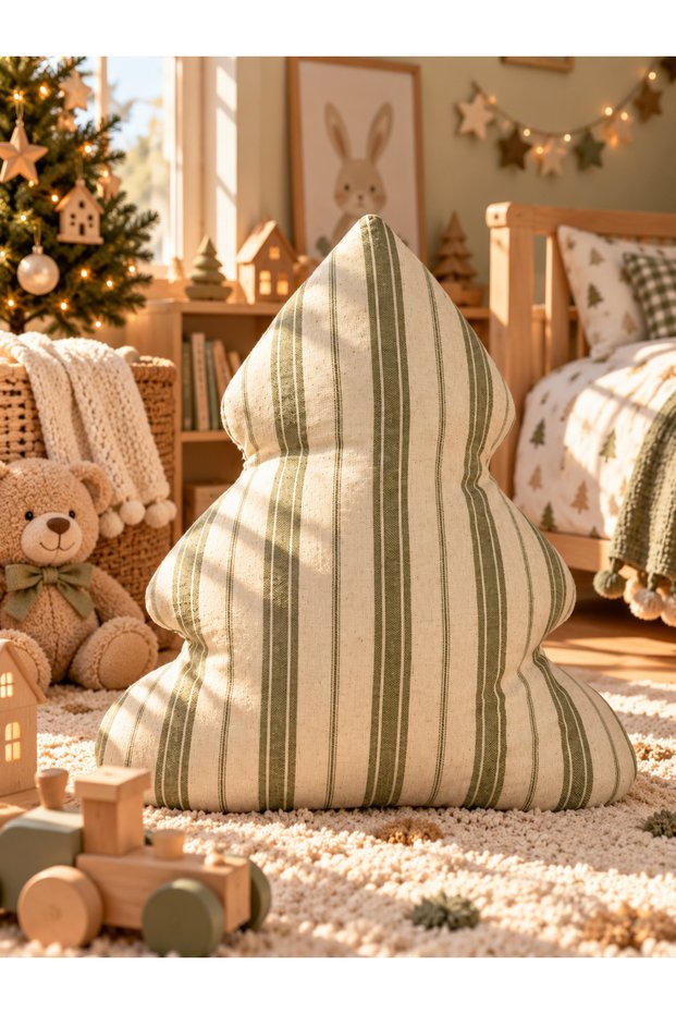 Green Striped Linen Christmas Tree Pillow, 50 cm – Filled Decorative Pillow.
