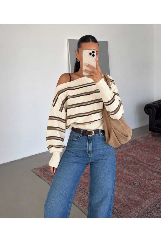 Women's Boat Neck Striped Loose Long Sleeve Knitwear Sweater