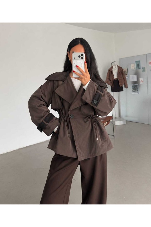 Women's Brown Contrast Collar Trench Coat with Drawstring Waist