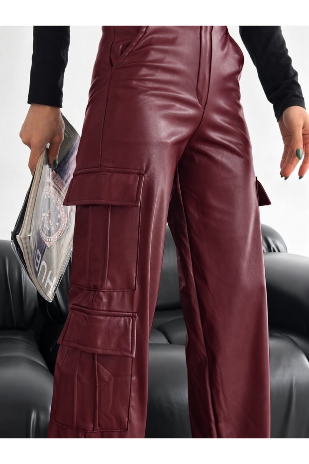 Women's High-Waisted Wide-Leg Leather Cargo Pants.