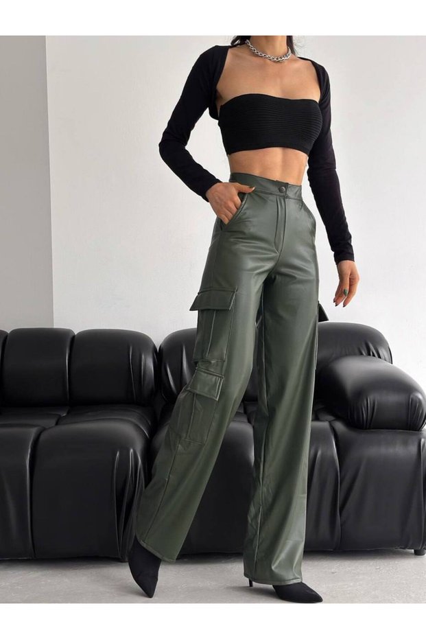 Women's High-Waisted Wide-Leg Leather Cargo Pants.