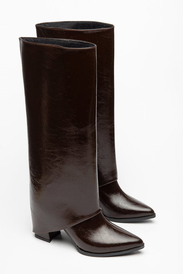 Women's Brown Boots - Heeled Boots with Zipper and Detachable Sole.