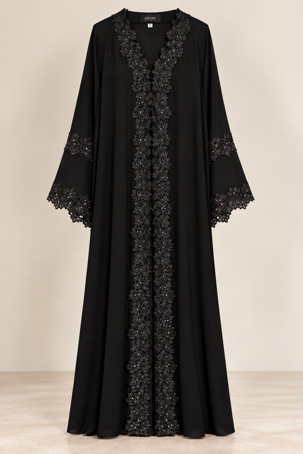 Royale Fleur – Luxury Black Floral Lace Abaya with Matching Hijab | Elegant Dubai Modest Occasion Wear