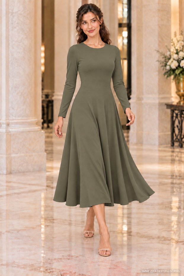 Women's Long-Sleeved, Round-Neck Viscose Two-Thread Long Dress – Casual, Stylish, and Comfortable Design.