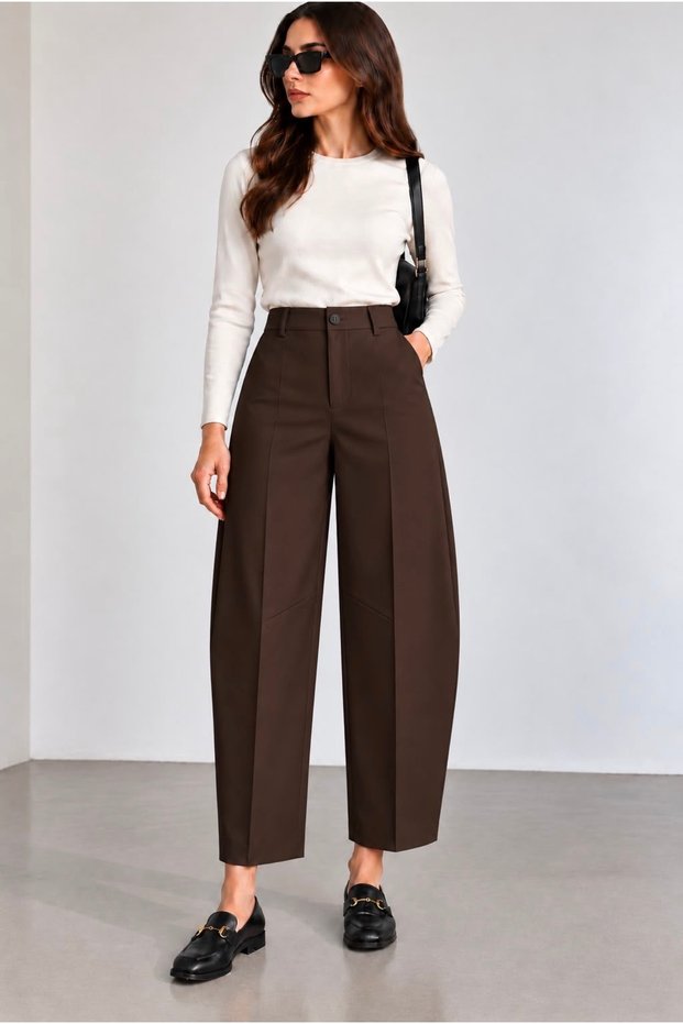 Women's Pants Barrel Pants Cloutte Pants High Stylish Boyfriend Wide Leg Brown Fabric Pants