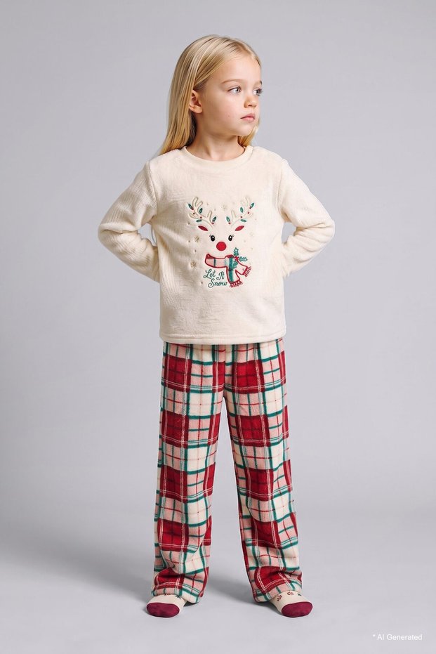 New Year's Deer-Printed Plaid Welsoft Plush 2-Piece Pajama Set for Girls, Baby I0130A526Wn.